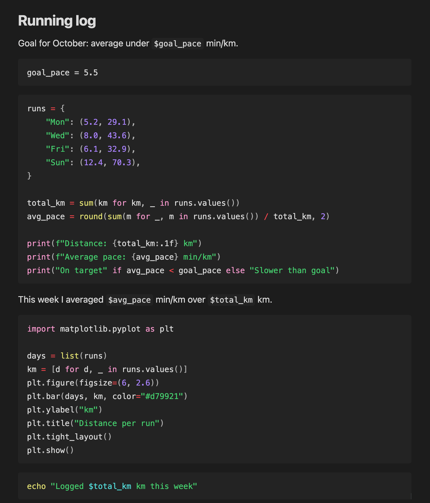 A note in plain Obsidian: highlighted code, no Run button, and the variable shown literally