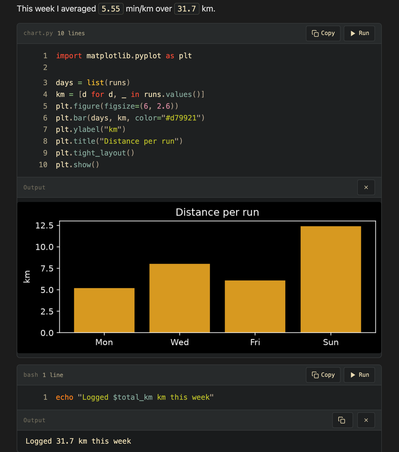 A Matplotlib bar chart rendered inside the note, and a Bash block printing a value set in Python