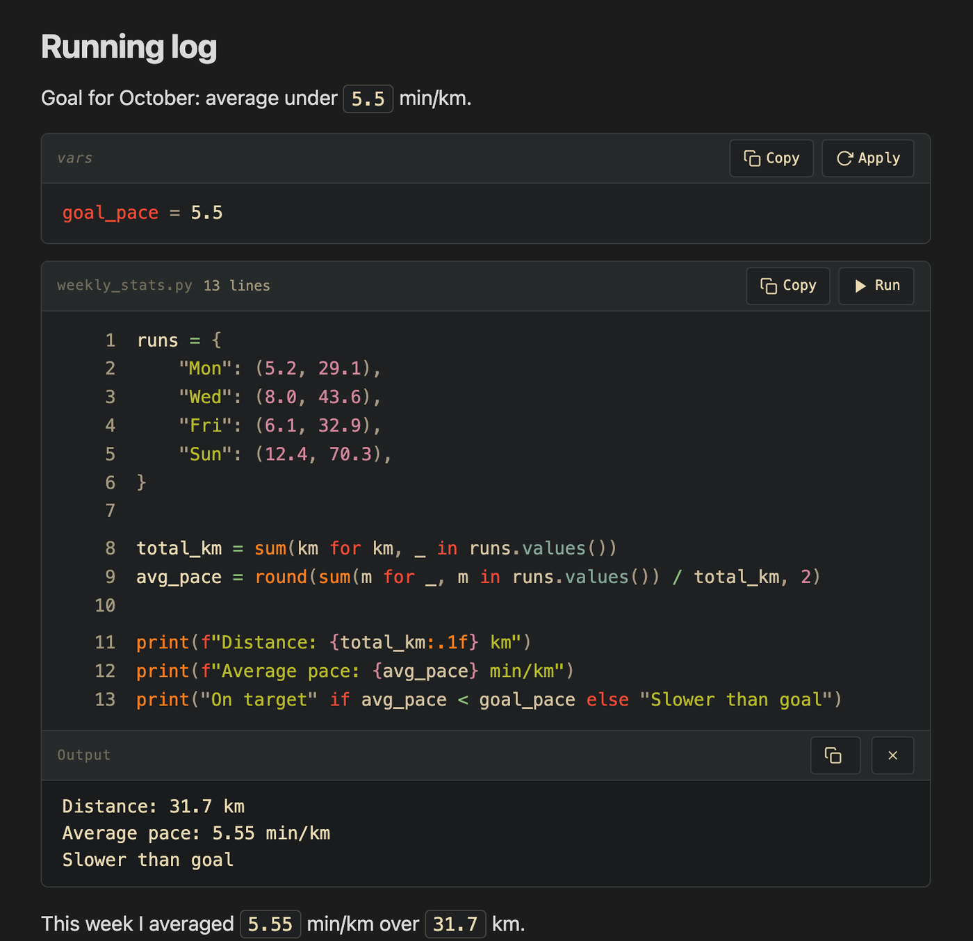 The same note with CodeSuite: a Run button, output under the block, and the numbers filled into the text